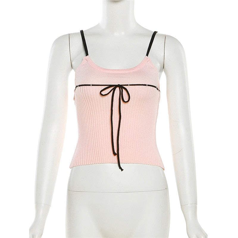 Pink Ribbed Lace Up Top