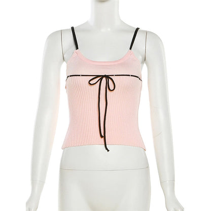 Pink Ribbed Lace Up Top