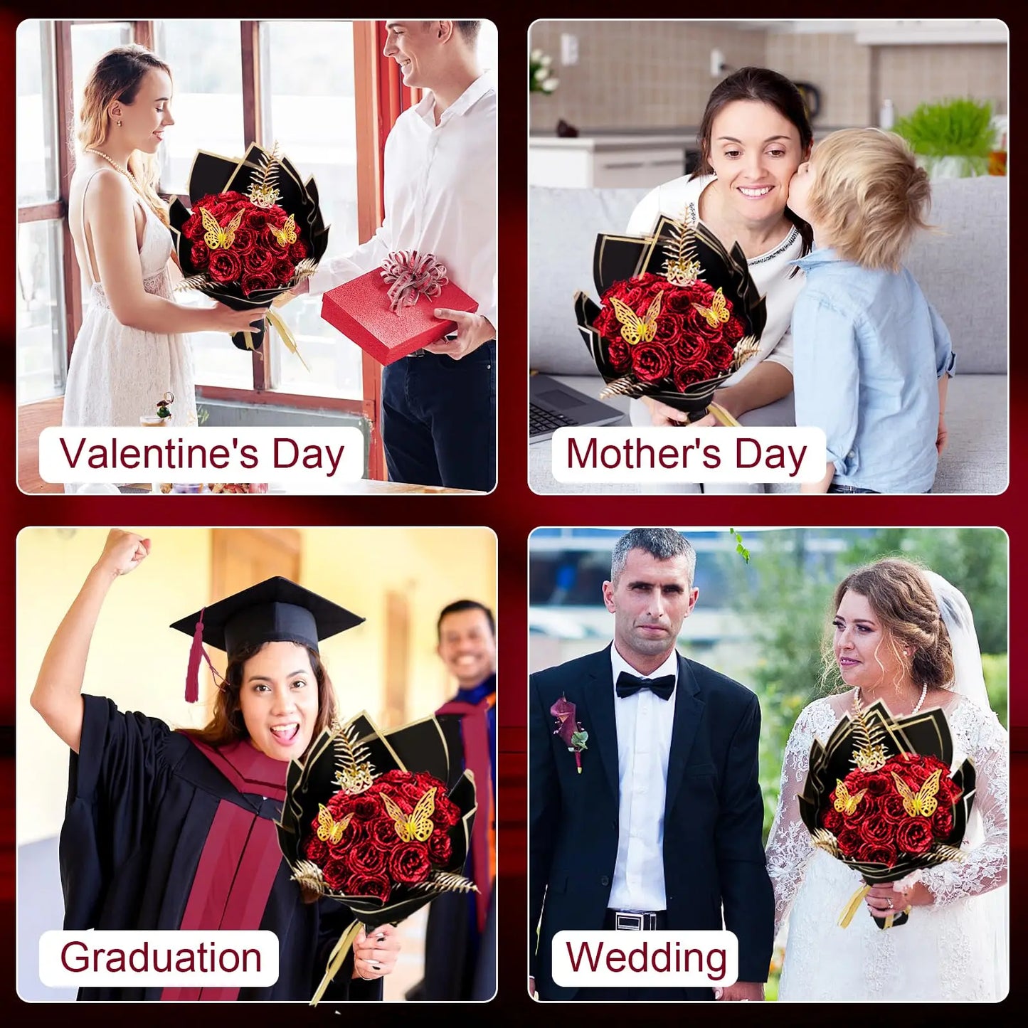 Glitter Artificial Red Rose Bouquet Eternal Silk Roses for Valentine's Day and Birthday Gifts