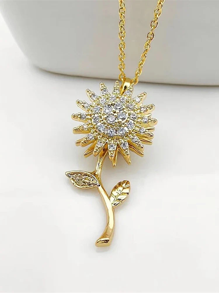 Double Layer Rotating Sunflower Stainless Steel Necklace
