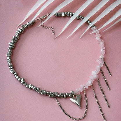 Irregular Pink Stone Beaded Heart Pendant Choker Necklace