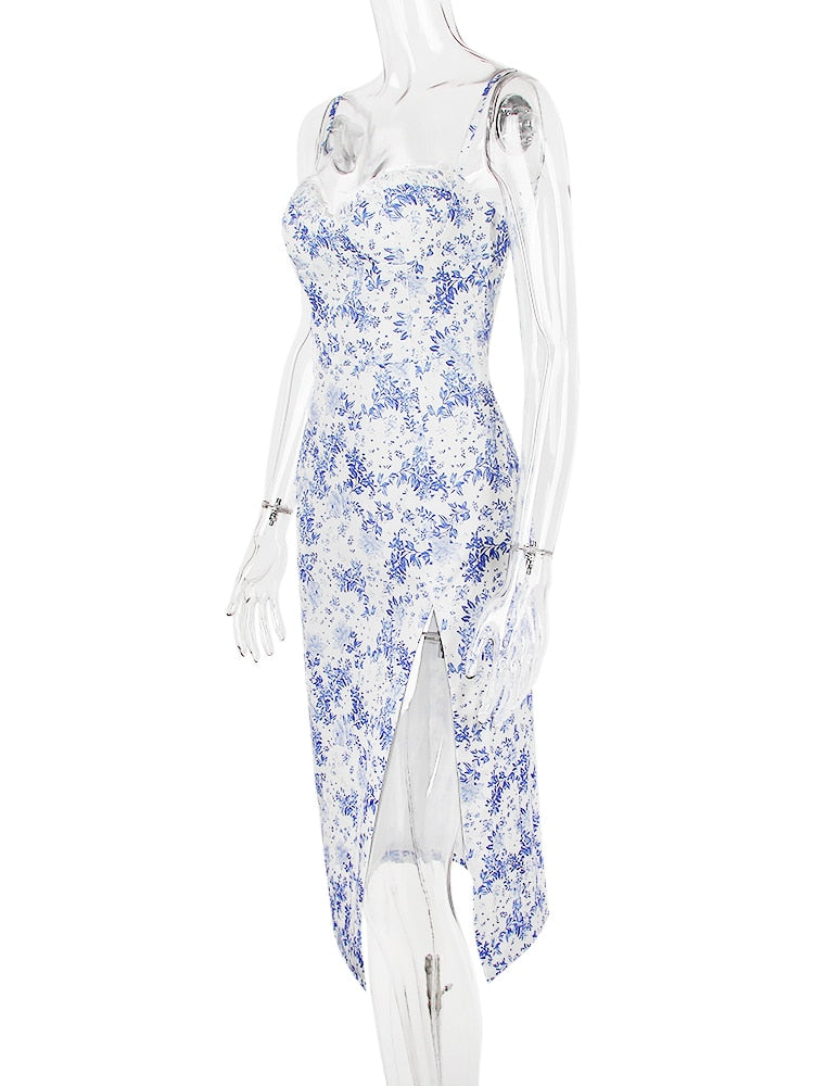 Blue Floral Print Bustier Strap Slit Midi Dress