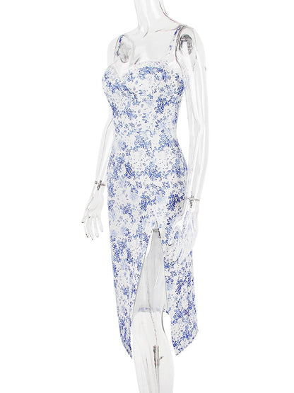 Blue Floral Print Bustier Strap Slit Midi Dress
