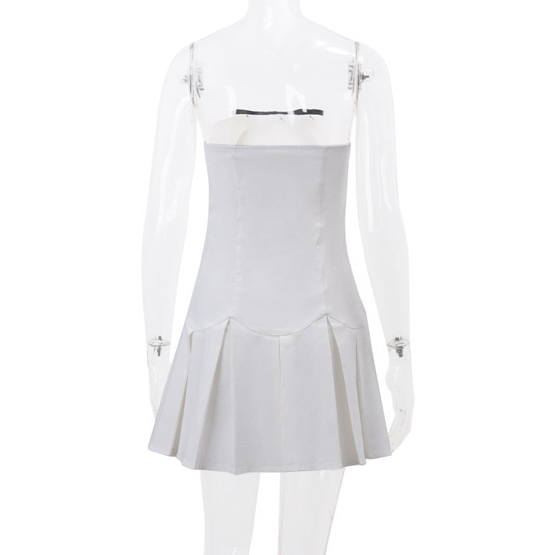 White Bow Design Pleated Mini Dress