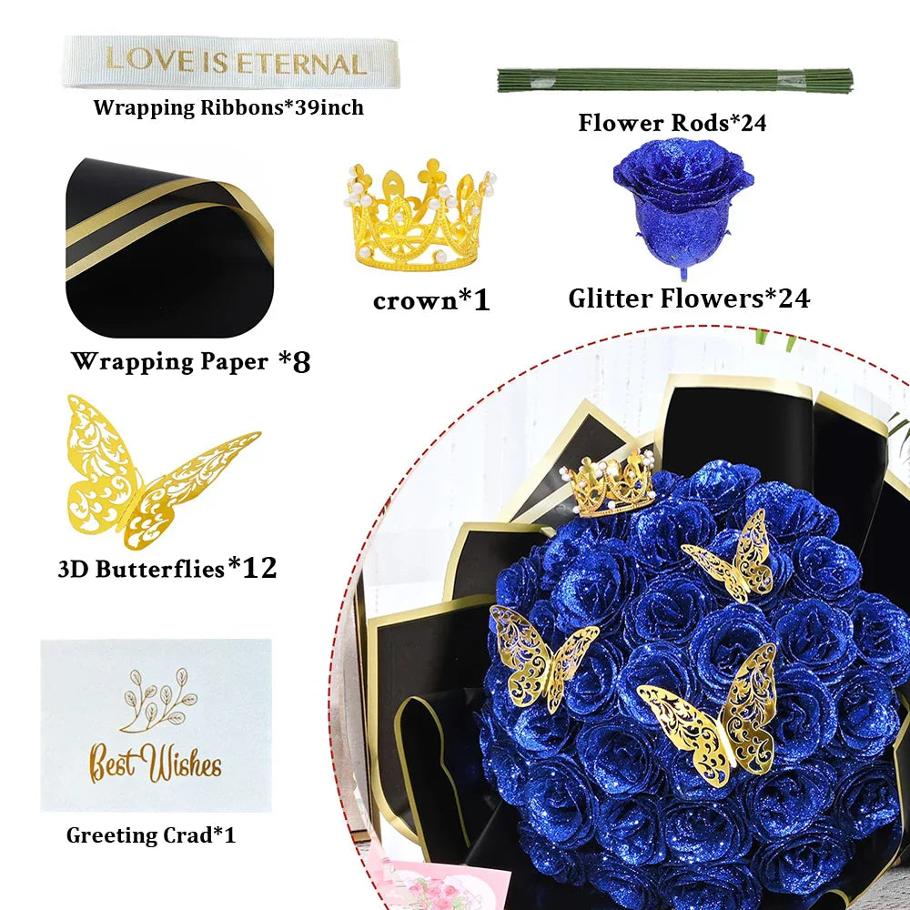 Glitter Artificial Rose Bouquet 24PCS for Wedding Decor