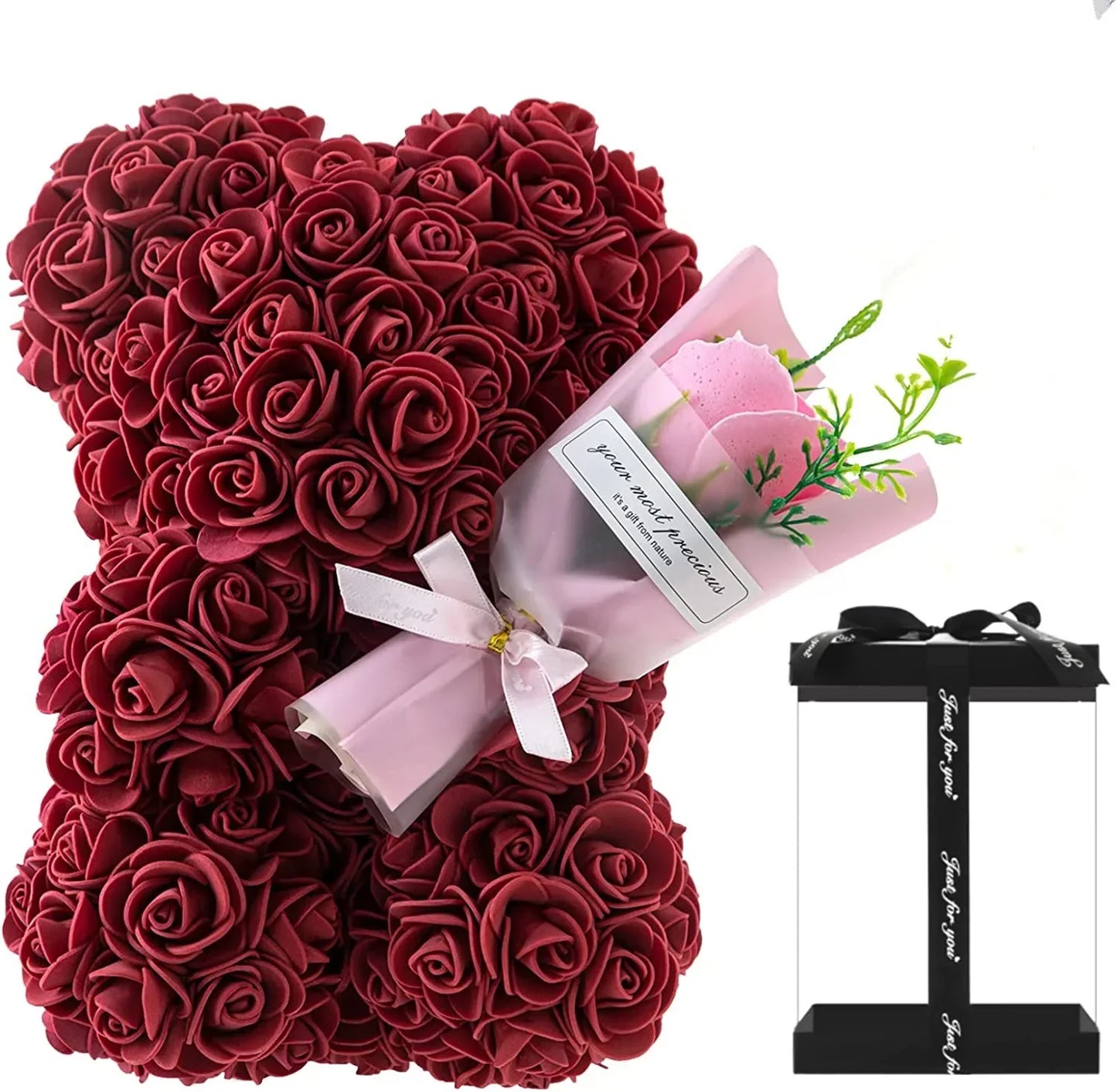 Rose Bear with Flower Bouquet 24cm