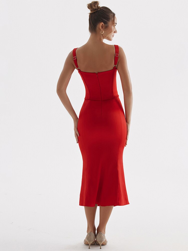 Red Satin Tie-Up Bustier Strappy Midi Dress