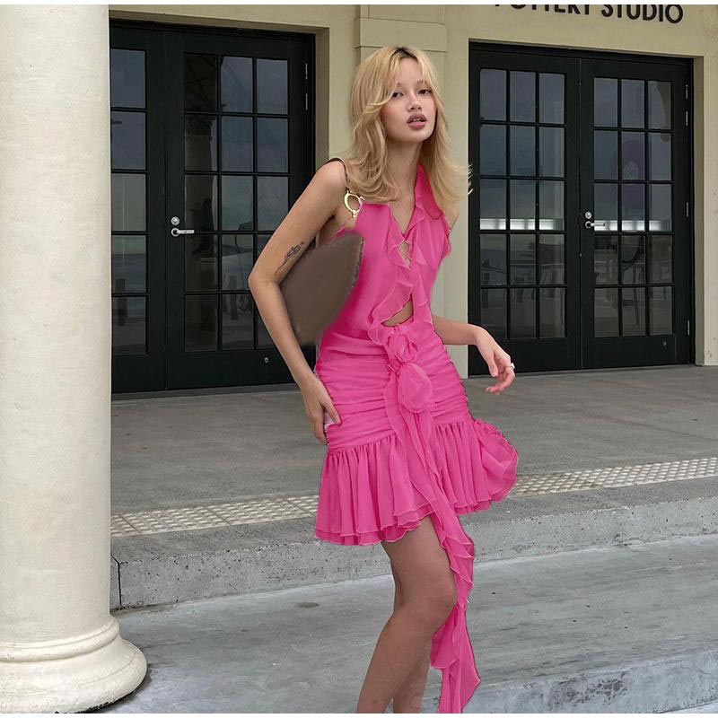 Frill Deep Neck Halter Mini Ruched Dress