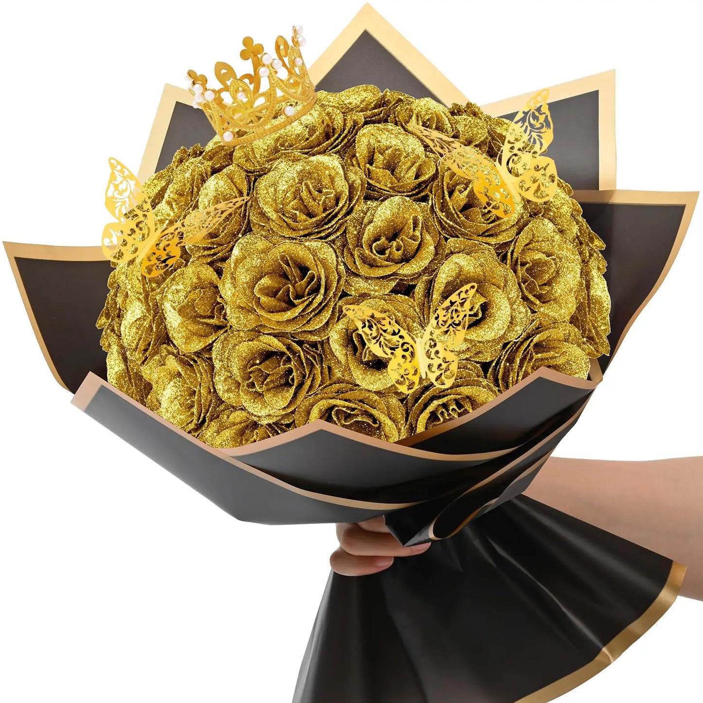 Glitter Artificial Rose Bouquet 24PCS for Wedding Decor