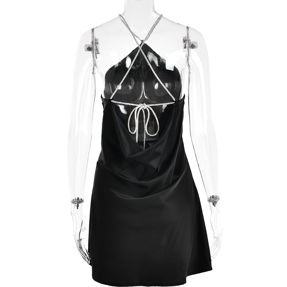 Sequin Strap Halter Backless Satin Mini Dress