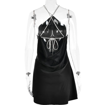 Sequin Strap Halter Backless Satin Mini Dress