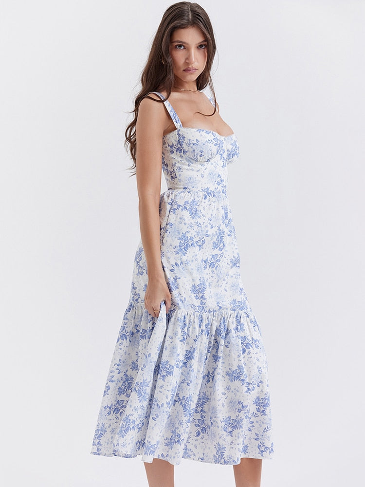 Floral Print Bustier Strap With Pocket Midi Dress
