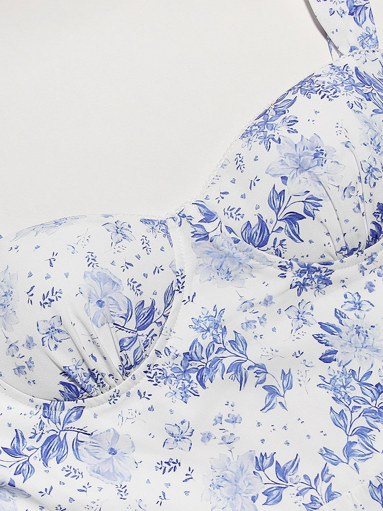 Floral Print Bustier Strap With Pocket Midi Dress