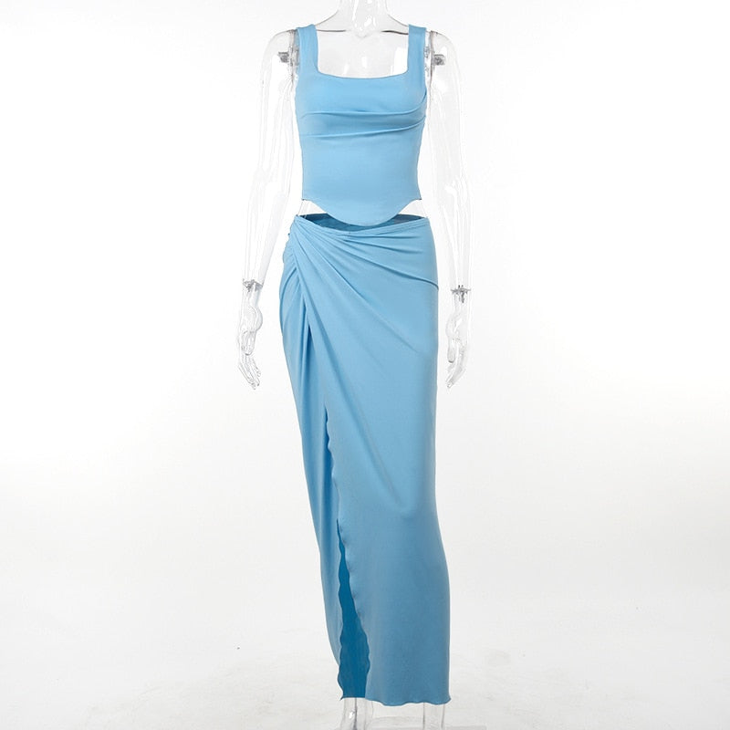 Blue Corset Top And Slit Maxi Skirt Set