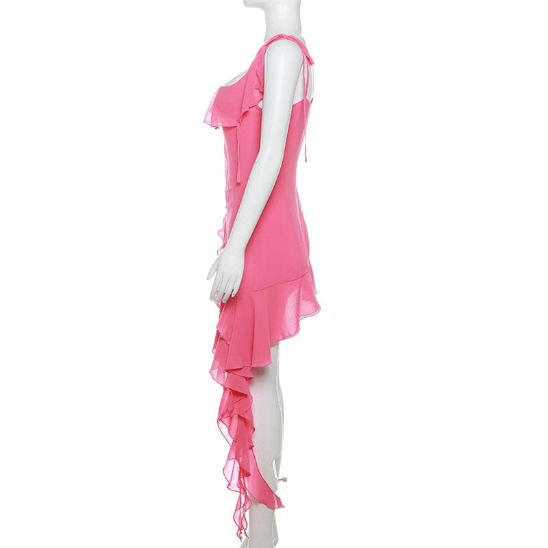 Pink Irregular Ruffle Tie-Up Strap Mini Dress