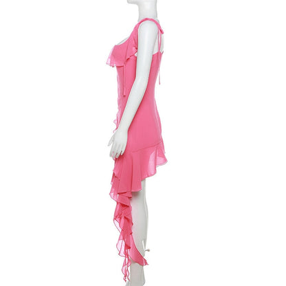 Pink Irregular Ruffle Tie-Up Strap Mini Dress
