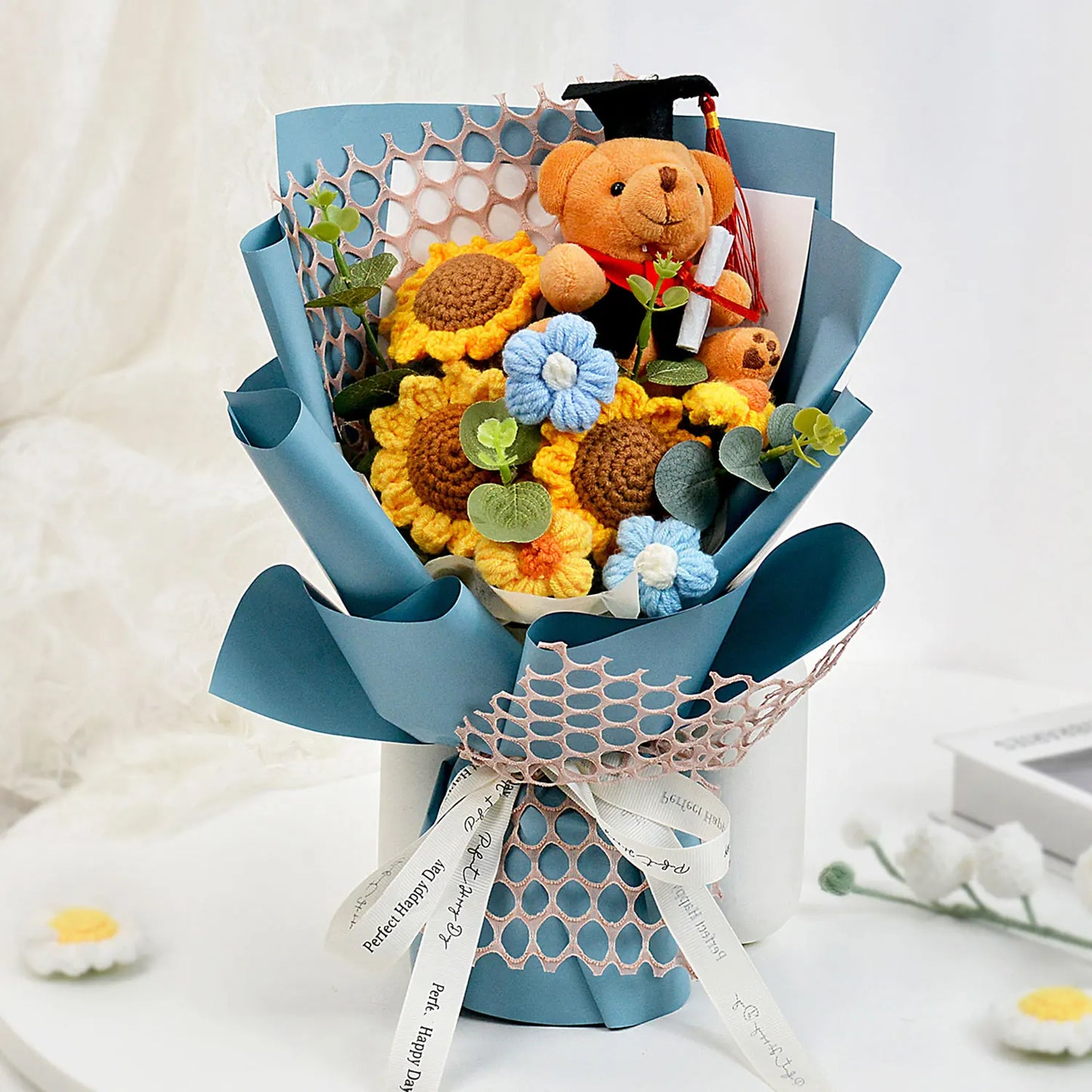 Handmade Crochet Flower Bouquet with Sunflower, Rose, and Bear - Gift for Graduation, Birthday, or Christmas