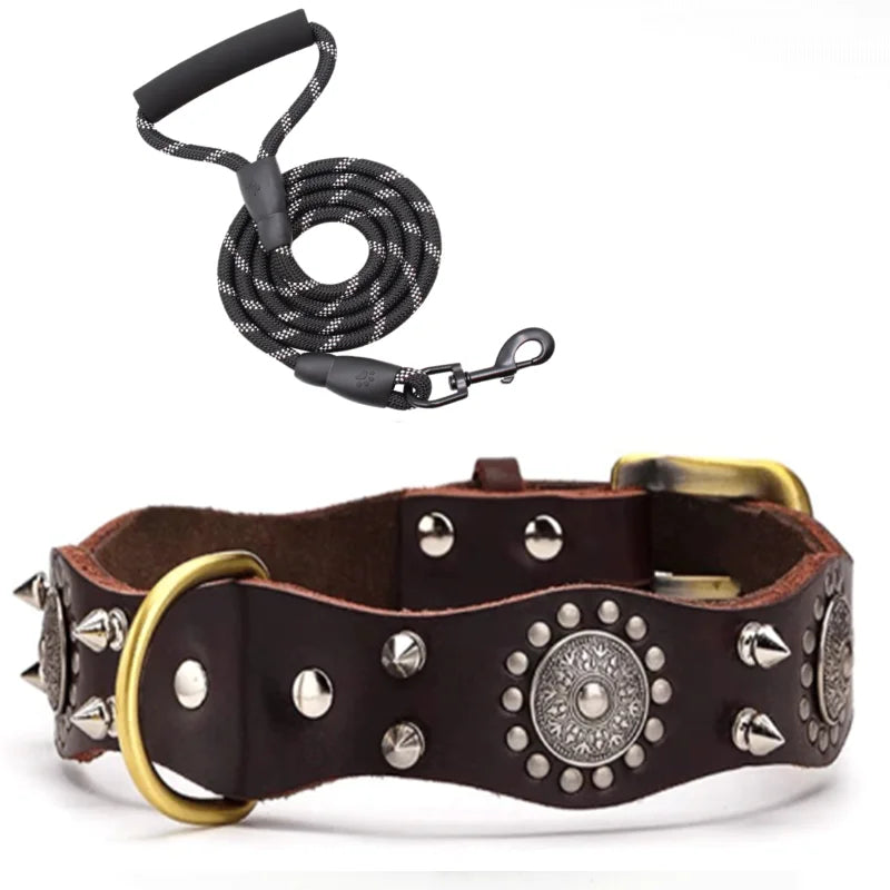 Spiked Studded Dog Collar with Traction Rope Adjustable Fit