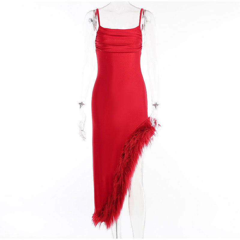 Red Strap Feather Slit Trim Midi Dress