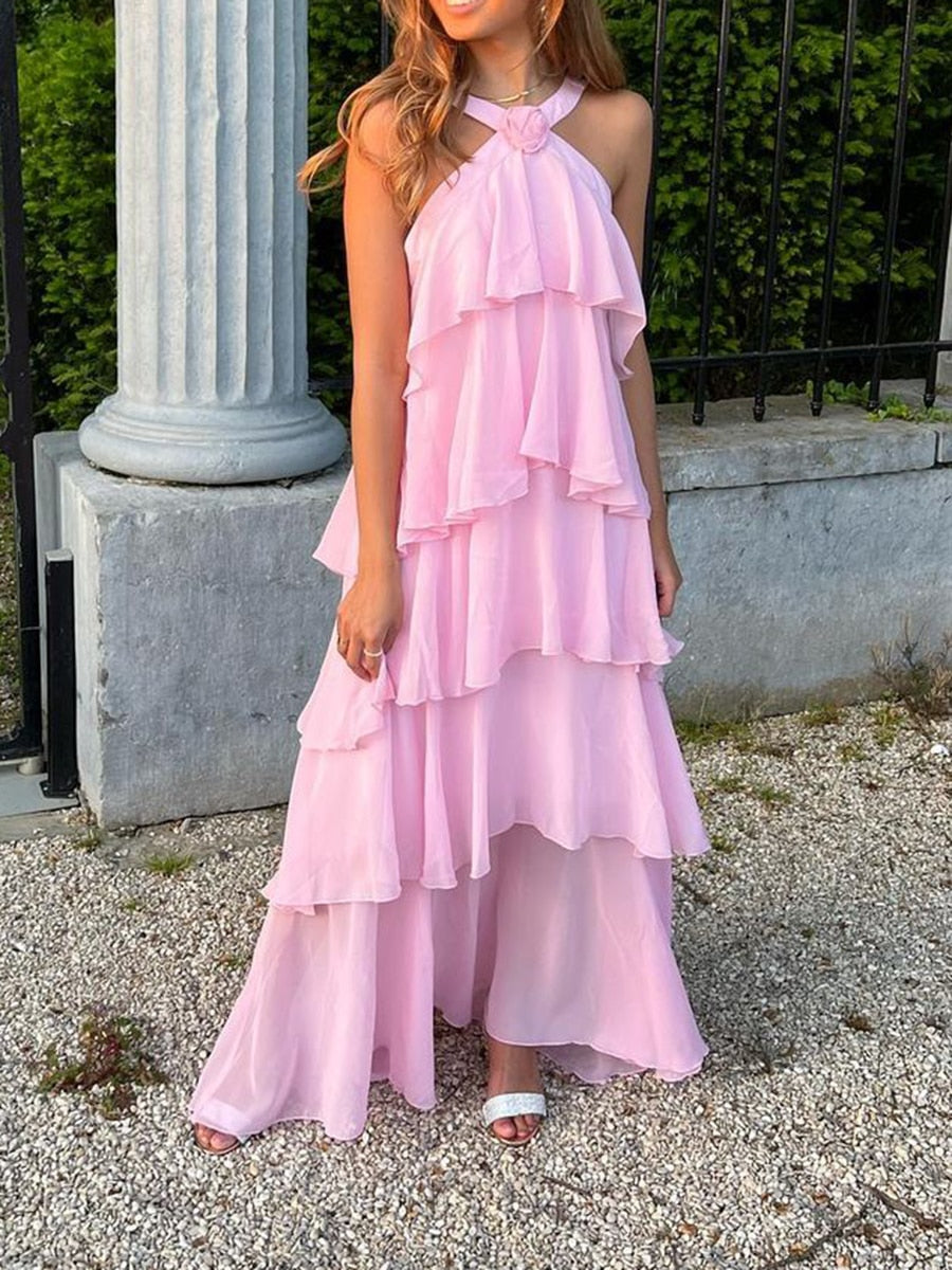 Pink Halter Ruffled Layered Maxi Dress