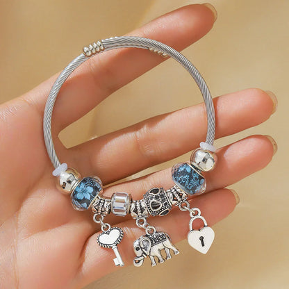 Silver Elephant and Heart Tree Charm Cuff Bracelet for Women