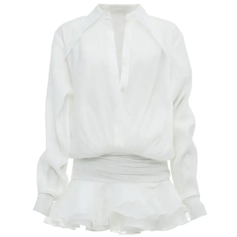 Shirt Lose Long Sleeve Frill Micro Mini Dress