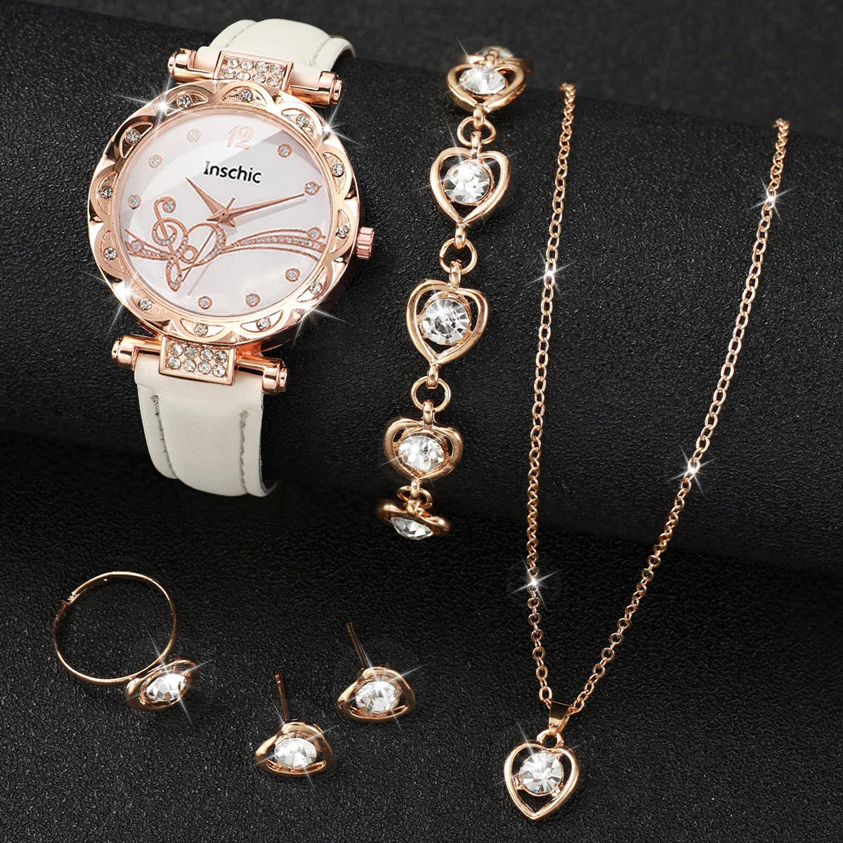 Rhinestone Heart Watch and Jewelry Set for Women