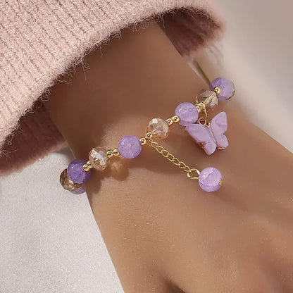 Purple Butterfly Beaded Stretch Bracelet