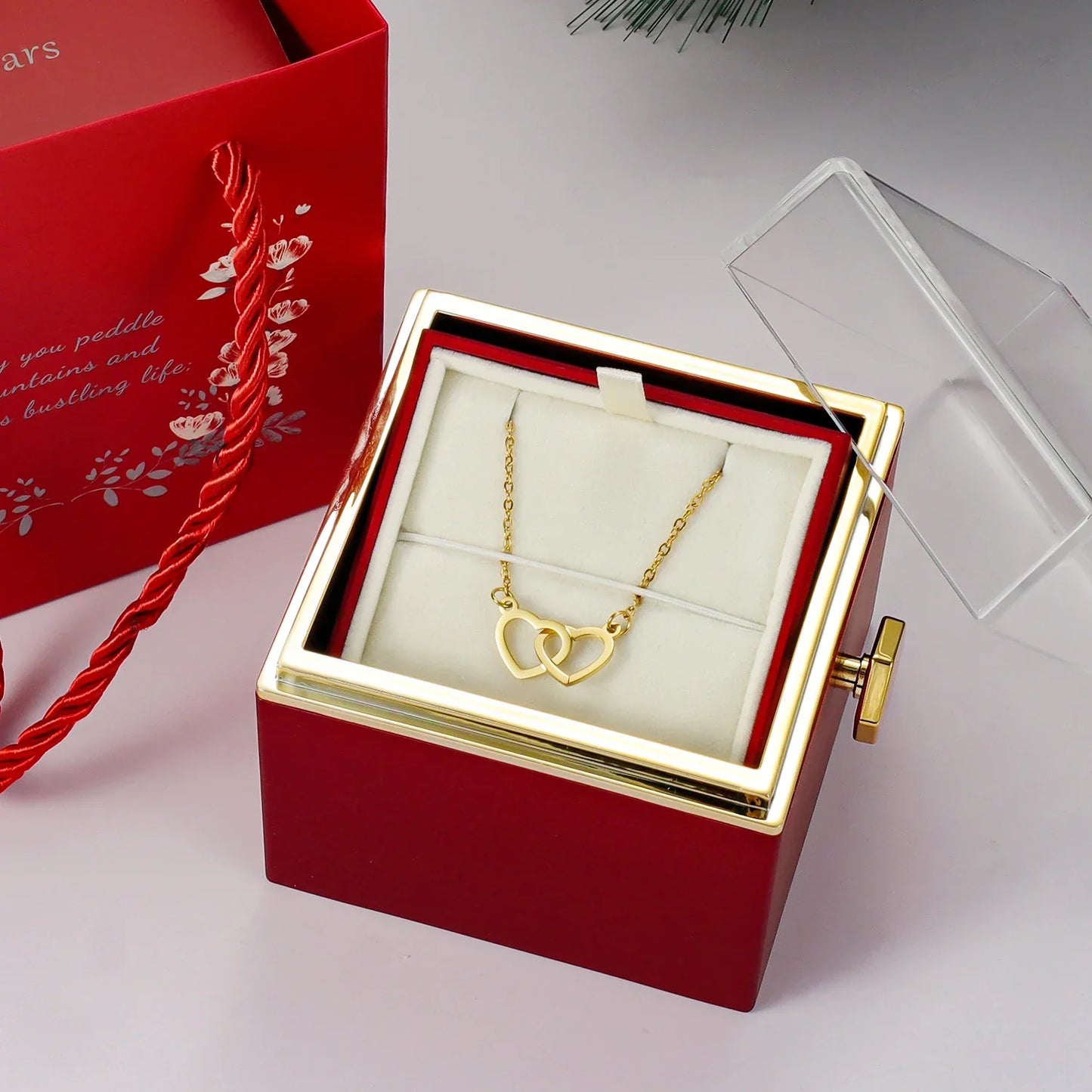 Personalized Double Heart Necklace with Rose Gift Box