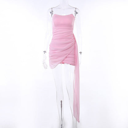 Pink Mesh Corset Draped Tube Mini Dress