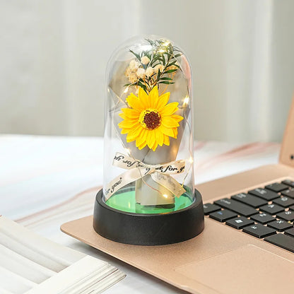 Everlasting Rose LED Glass Dome Bouquet Romantic Decorative Ornament for Valentine's Day and Home