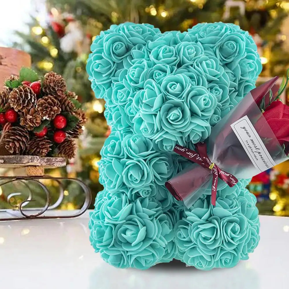 Rose Bear in Clear Box - Handmade Artificial Flower Gift for Valentine's Day, Birthday, or Special Occasion