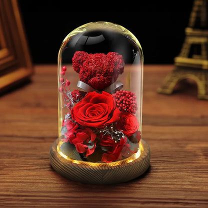 Eternal Preserved Rose Teddy Bear Gift Box with Lights