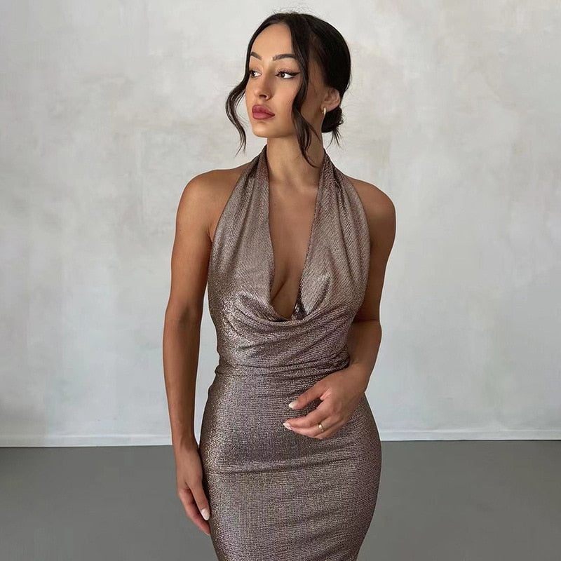 Metallic Drape Chest Backless Maxi Dress