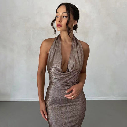 Metallic Drape Chest Backless Maxi Dress