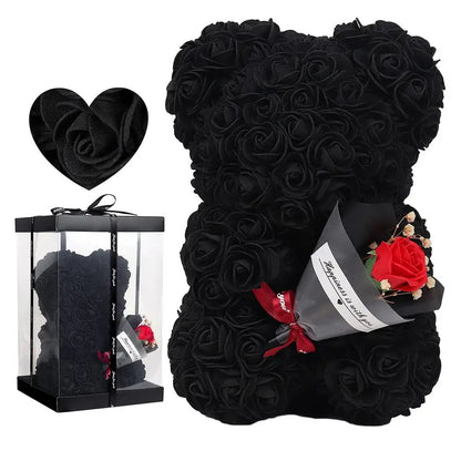 Rose Bear in Clear Box - Handmade Artificial Flower Gift for Valentine's Day, Birthday, or Special Occasion