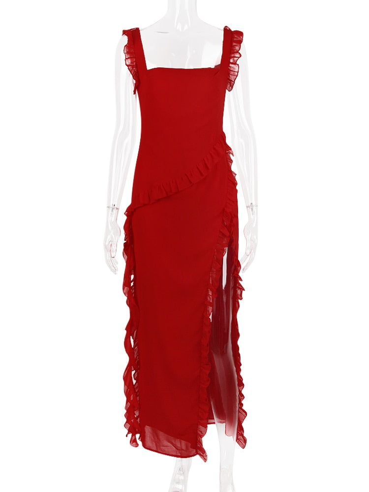 Red Ruffle Split Maxi Dress