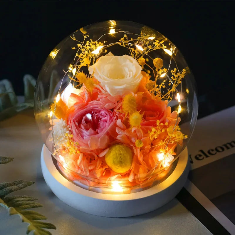Preserved Red Rose and Carnation Dome with Wooden Base