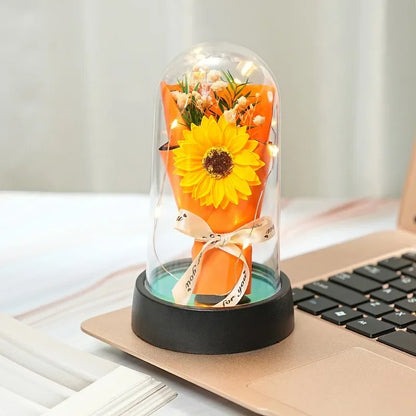 Everlasting Rose LED Glass Dome Bouquet Romantic Decorative Ornament for Valentine's Day and Home