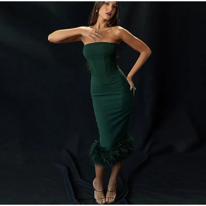 Corset Tube Fur Trim Bodycon Midi Dress