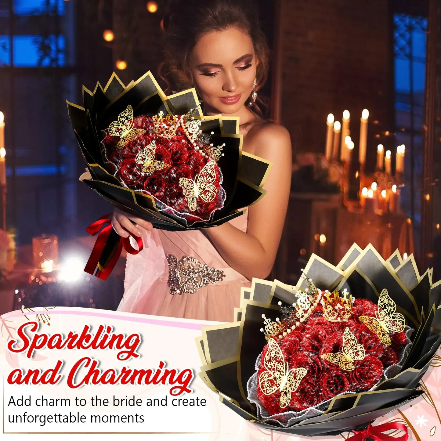 Glitter Artificial Red Rose Bouquet Eternal Silk Roses for Valentine's Day and Birthday Gifts