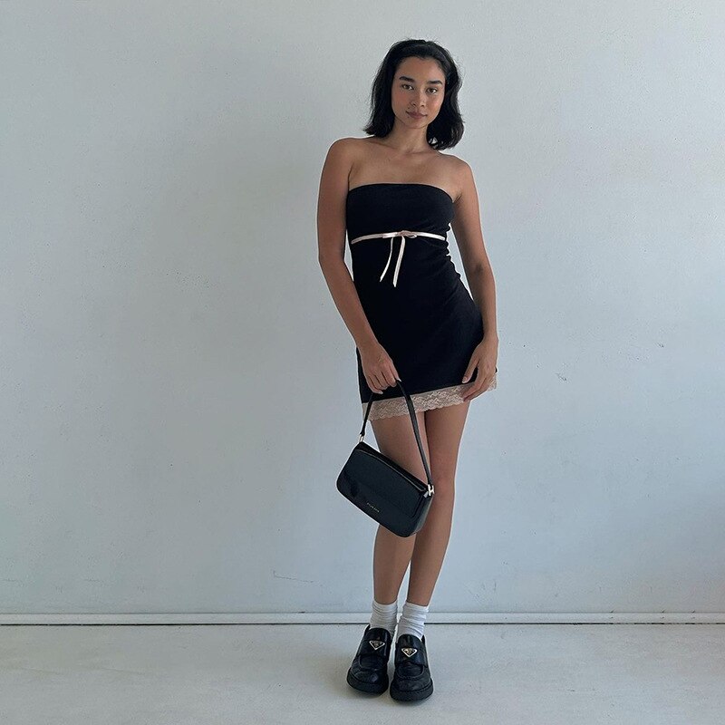 Black Tube Bow Lace Trim Mini Dress