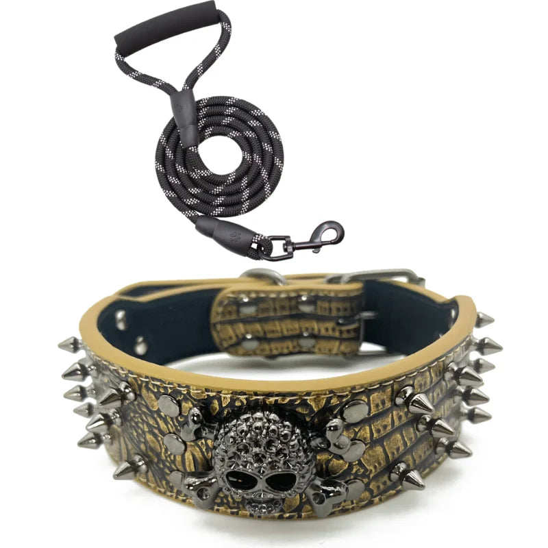 Spiked Studded Dog Collar with Traction Rope Adjustable Fit