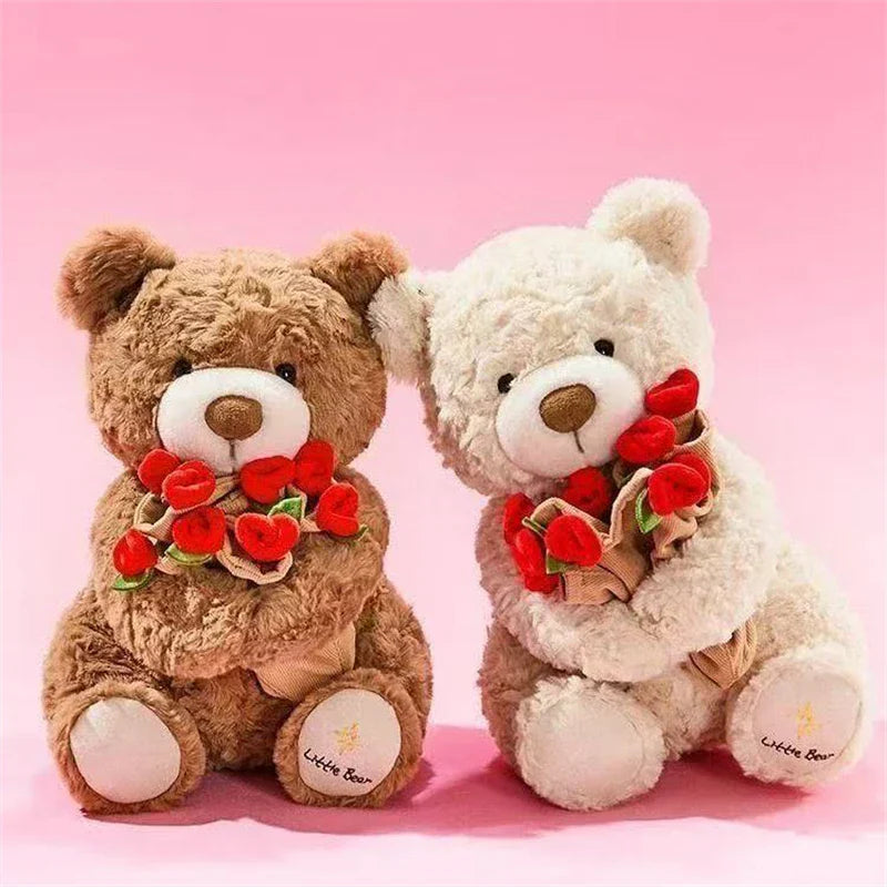 Kawaii Teddy Bear with Roses Plush - Soft Stuffed Bear for Valentine's Day and Romantic Gifts