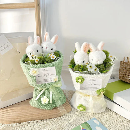 Rabbit Plush Doll with Crochet Flower Bouquet Gift