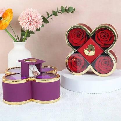 4-Leaf Clover Eternal Rose Jewelry Box with Necklace Gift