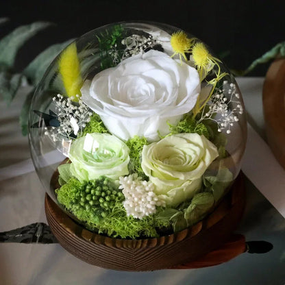 Preserved Red Rose and Carnation Dome with Wooden Base