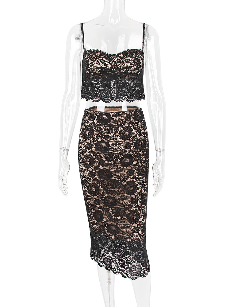 Black Lace Cami Top And Midi Skirt Set