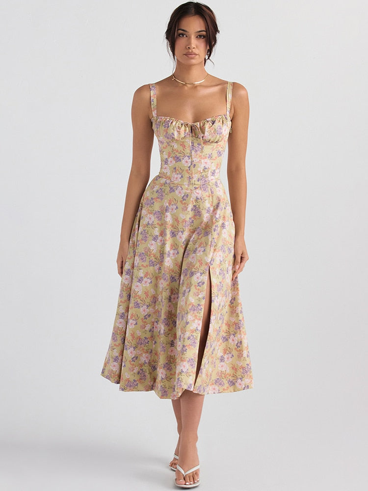 Floral Print Tie-Up Strap Flowy Midi Dress