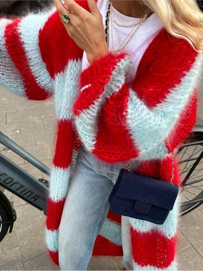 Stripe Long Fuzzy Cardigan